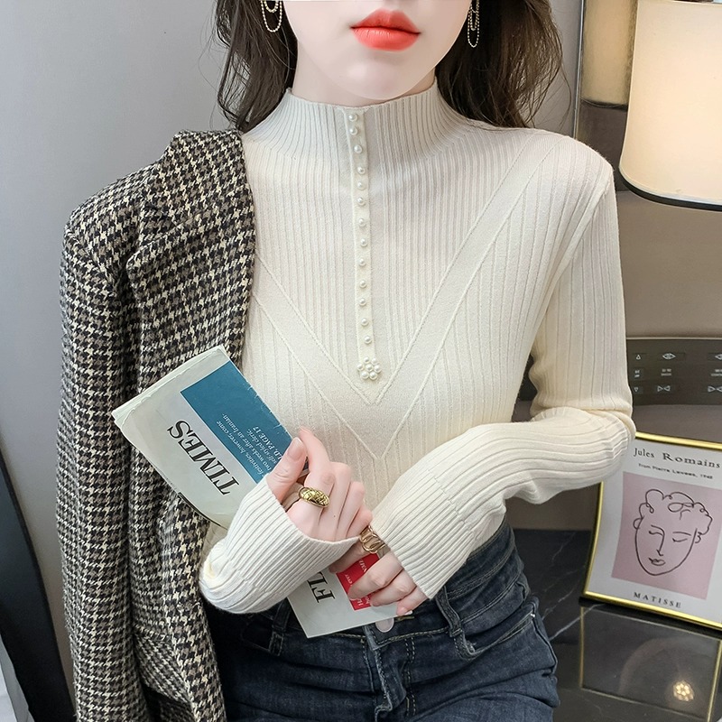 2023秋冬新款洋氣內搭釘珠半高領打底衫女套頭上衣長袖針織衫毛衣