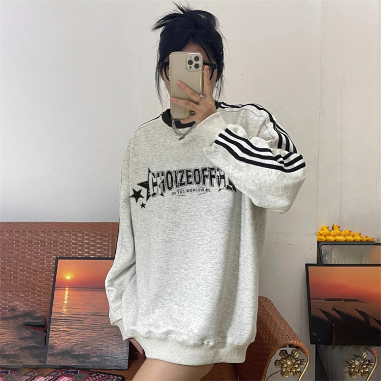 Shimaohua cotton composite milk silk 300g super soft silver fox velvet 400g front printed round neck three-stripe sweatshirt for women