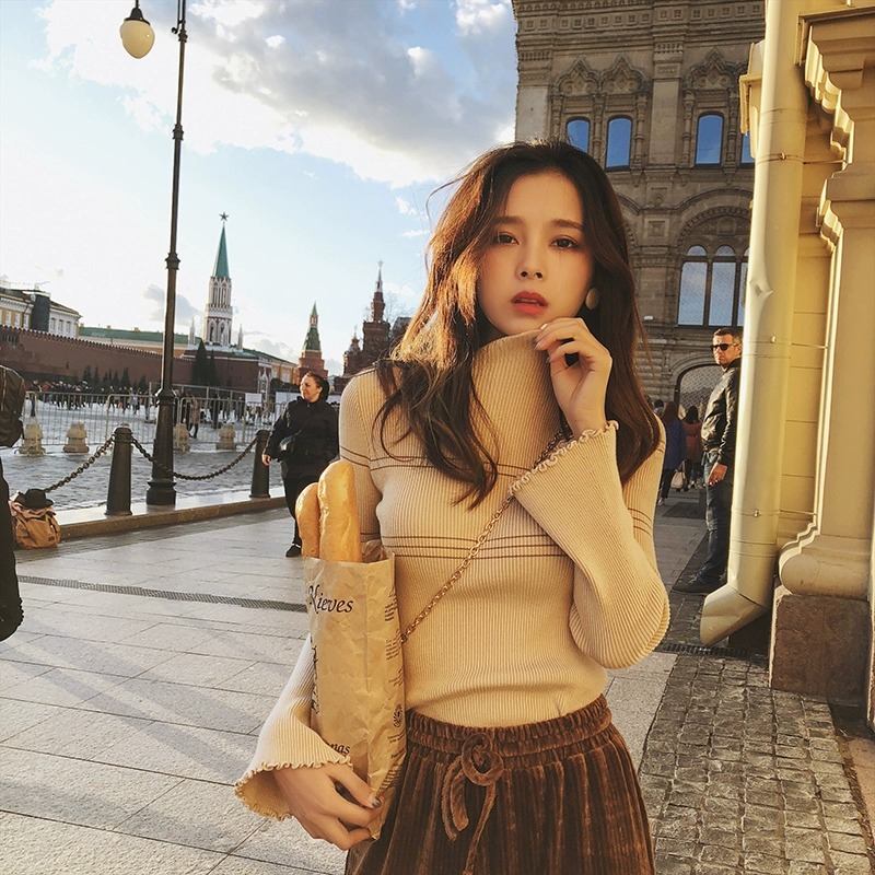 打底衫毛衣女秋冬裝2023新款韓版修身條紋慵懶風喇叭袖針織衫
