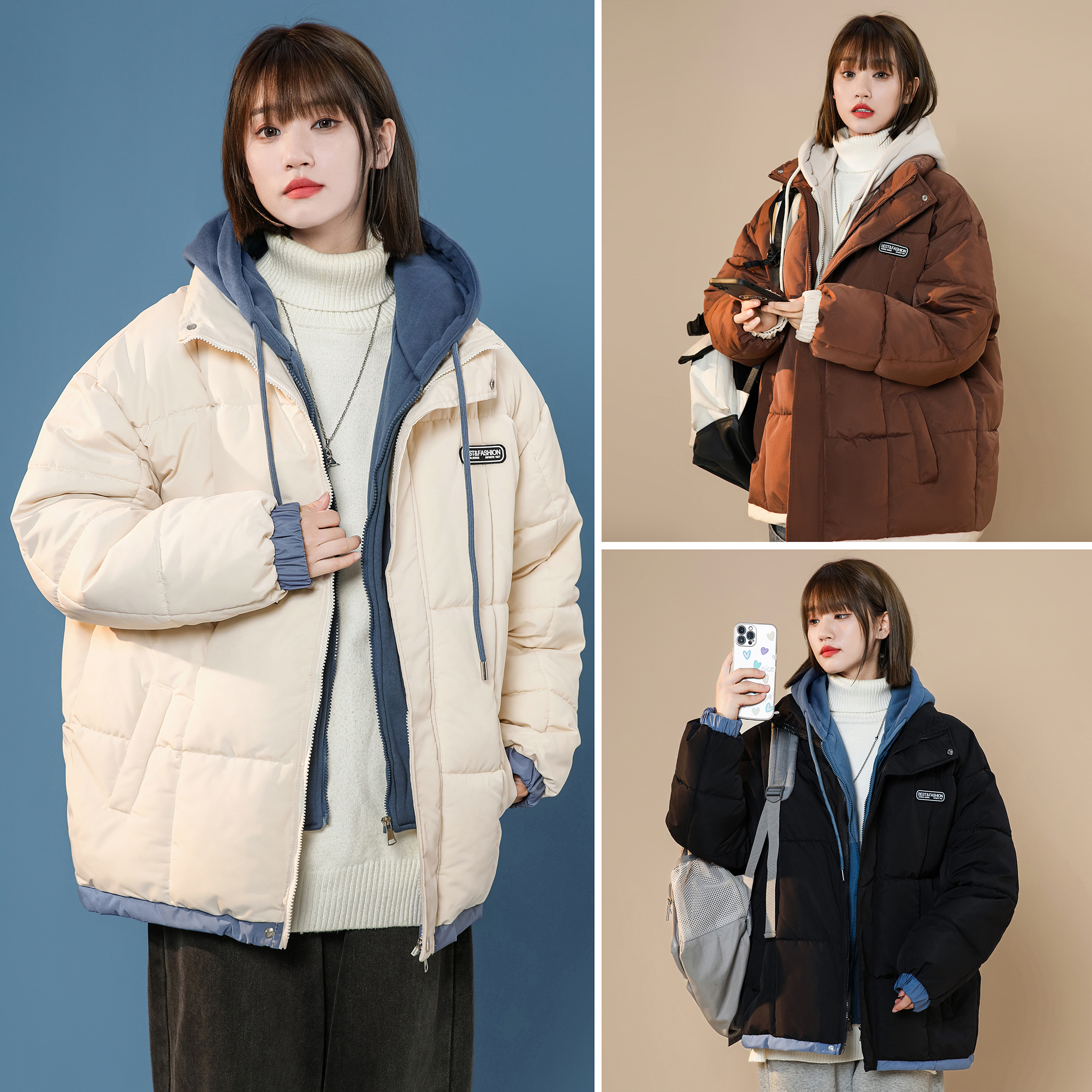 Real shot of fake two-piece cotton coat for women 2023 new winter design hooded couple ins student cotton coat jacket
