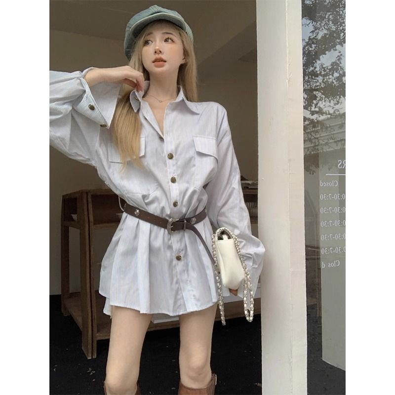 寬鬆韓版polo領襯衫連衣裙女秋季設計感長袖襯衣裙子收腰a字短裙