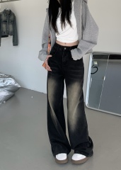 Photographed Fall New Embroidered Washed Charcoal Black High-Waisted Slim Straight Pants