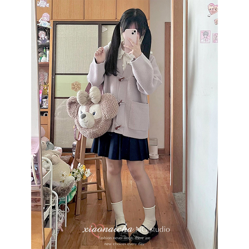 溫柔風香芋紫針織開衫上衣女秋冬2023新款小個子寬鬆顯瘦毛衣外套