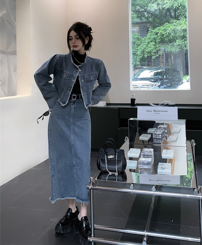 Salt denim suit women's spring and autumn 2023 new coat top autumn skirt temperament skirt two-piece set