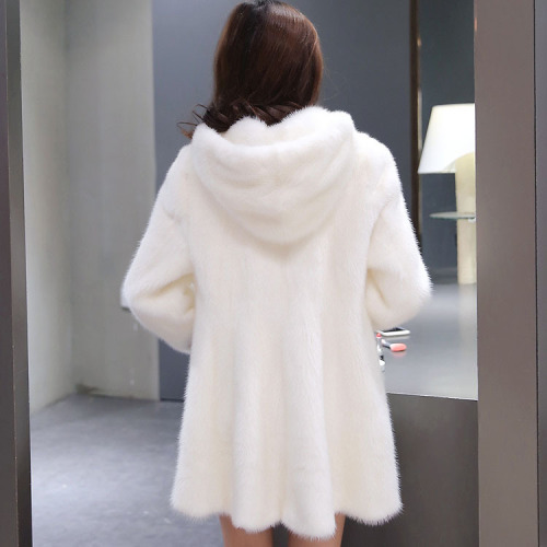  Winter Haining Mink Coat Women's Whole Mink Hooded Mink Fur Mid-Length Fur Temperament Coat Hooded