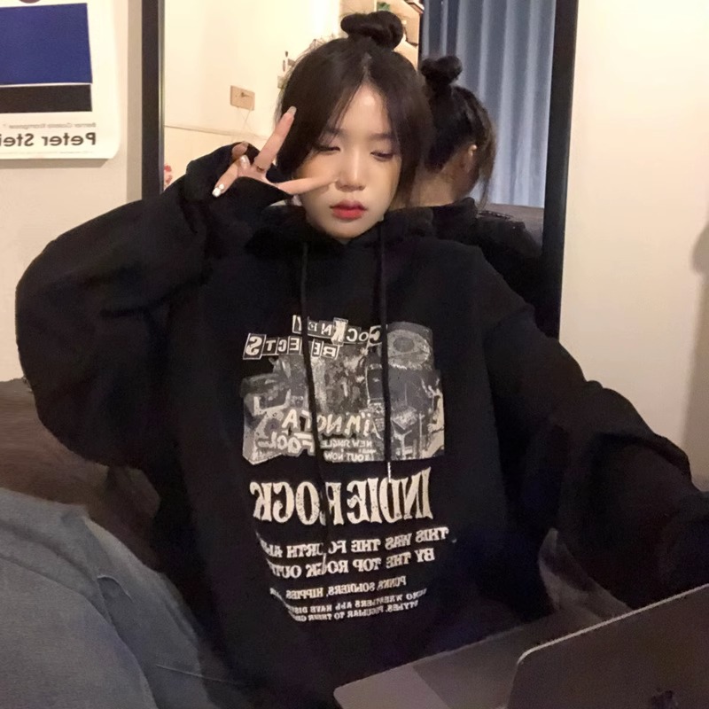 CVC cotton pasta wool Chinese cotton composite/milk silk 300g silver fox velvet 400g front printed hooded sweatshirt for women