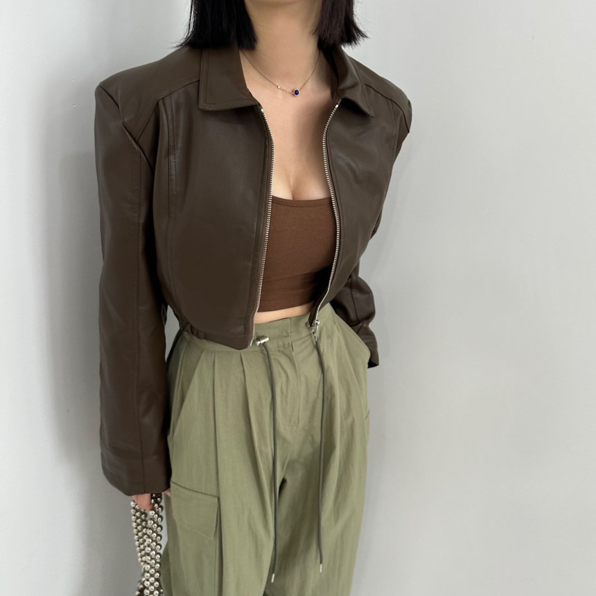 Korean style new early autumn retro lapel small high-waisted short black PU leather motorcycle jacket for women