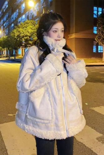 Winter lamb wool coat for women  new Korean style loose ins motorcycle jacket thickened double-sided cotton coat