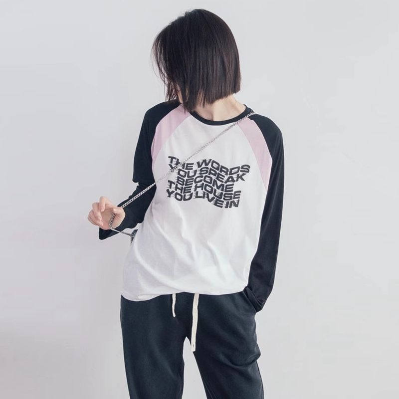 New color matching simple raglan sleeve commuting long sleeve letter splicing loose BF style T-shirt for women