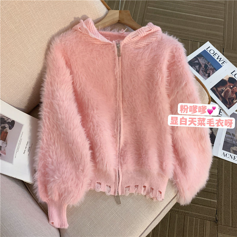 粉色短款拉鏈毛衣外套女秋冬季加厚慵懶風外穿小眾別致針織衫上衣