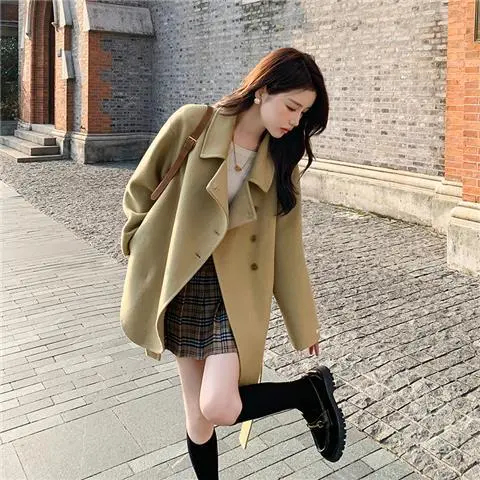 卡其色呢子大衣女秋冬新款韓版設計感小眾寬鬆休閒小個子毛呢外套