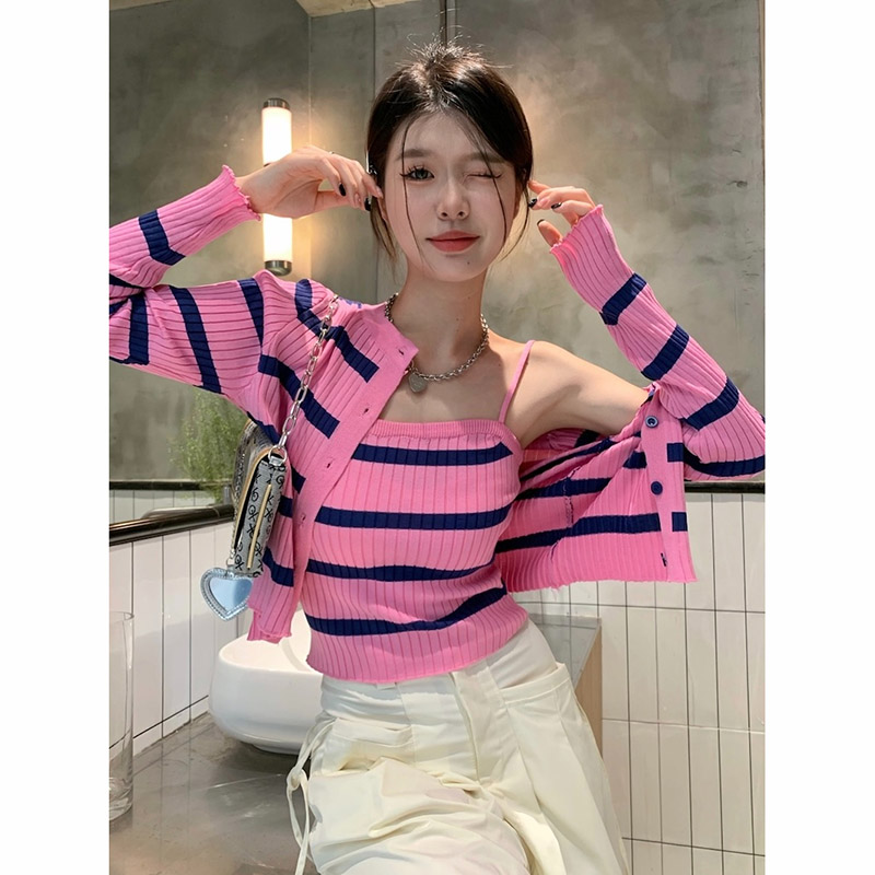Tmall quality Korean version with striped slimming camisole + long-sleeved striped knitted cardigan jacket