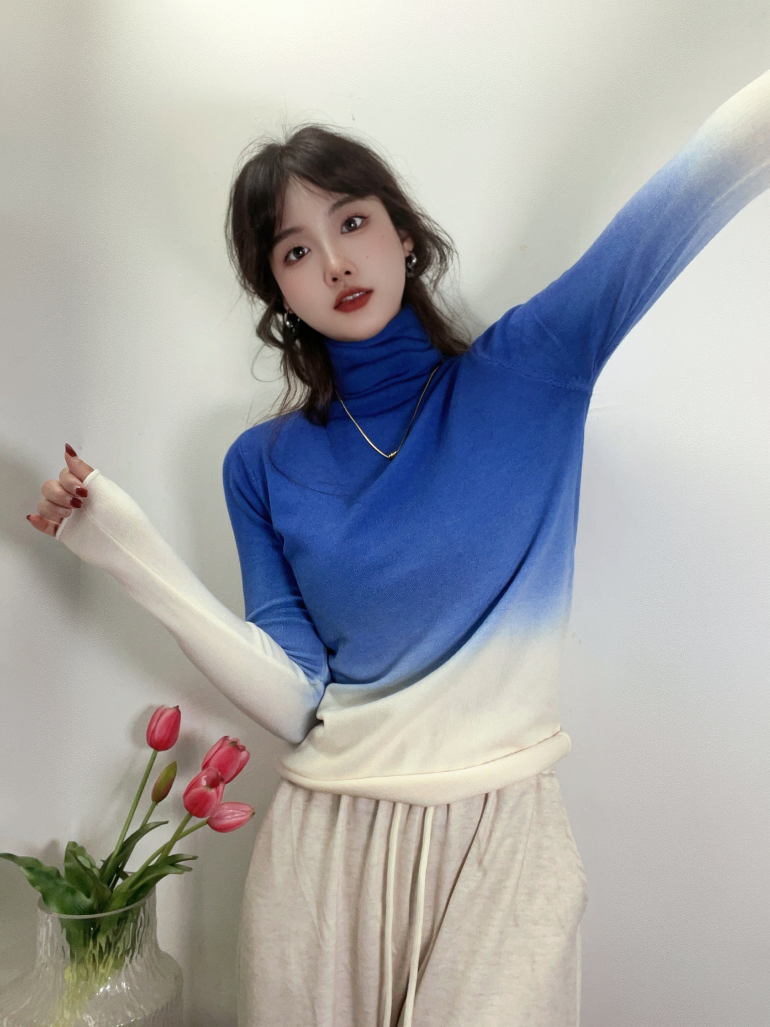 氛圍感穿搭針織衫女秋季2023新款漸變色打底衫堆堆領百搭長袖上衣