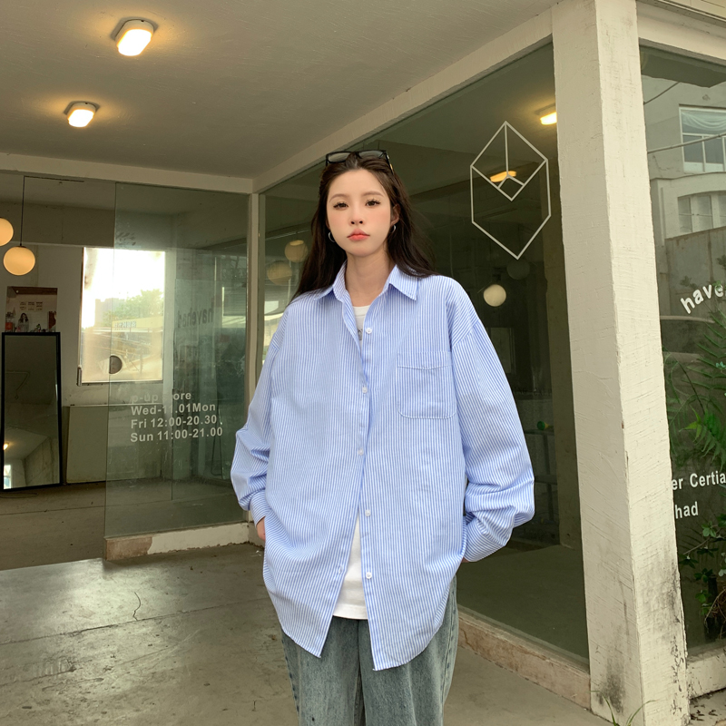實拍  基礎款秋季條紋長袖襯衫內搭外穿設計感小眾襯衣女鹽系休閒