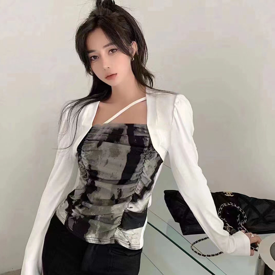 假兩件長袖t恤女方領扎染上衣秋季設計感小眾修身辣妹內搭打底衫