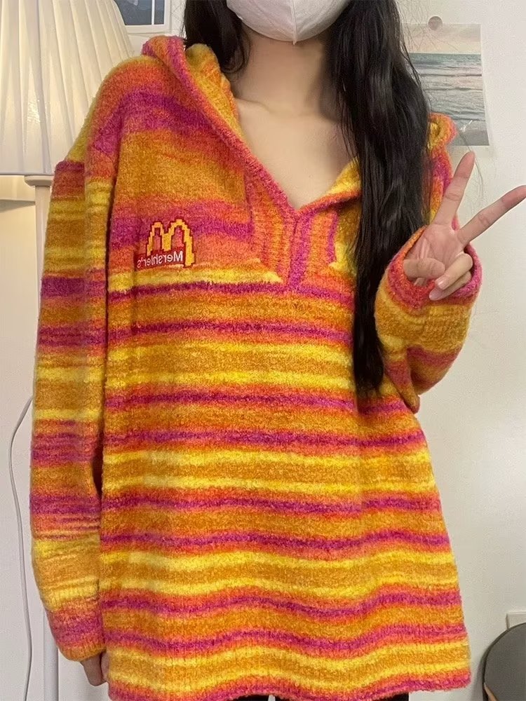 美式復古刺繡條紋連帽毛衣男女秋冬裝寬鬆百搭針織衫外套