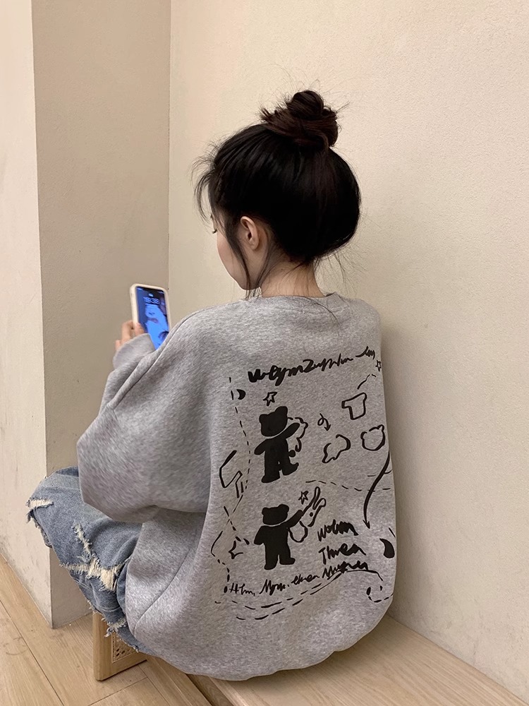 CVC cotton pasta wool Chinese cotton composite/milk silk 300g silver fox velvet 400g front and back printed round neck sweatshirt for women
