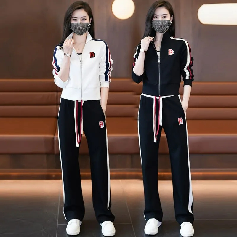 休閒運動套裝女2023春秋新款時尚減齡氣質立領外套闊腿衛褲兩件套