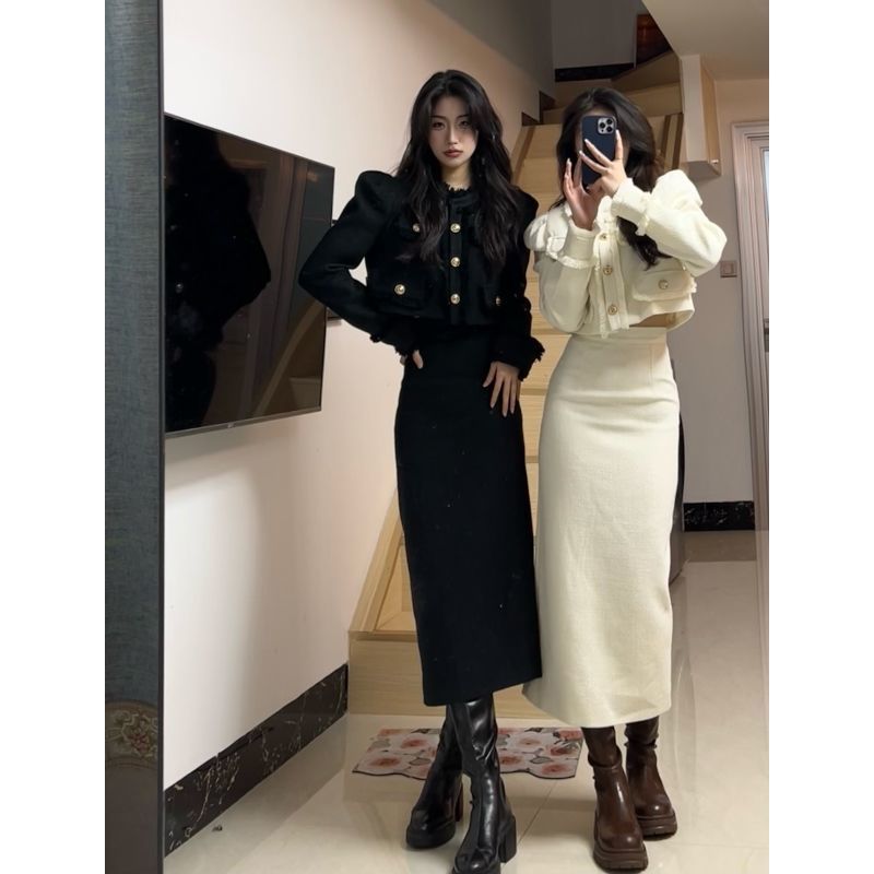 秋冬新款時尚套裝女小香風氣質名媛短款西裝外套女顯瘦開叉長裙子