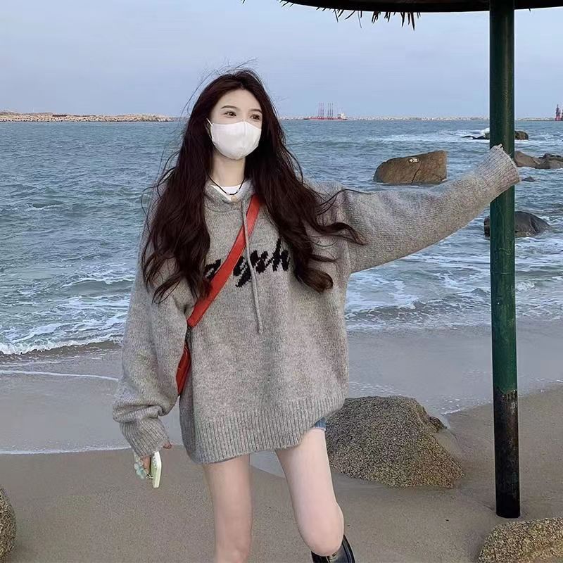 Gray hooded sweater women's spring and autumn American retro loose lazy style winter soft waxy sweater jacket top