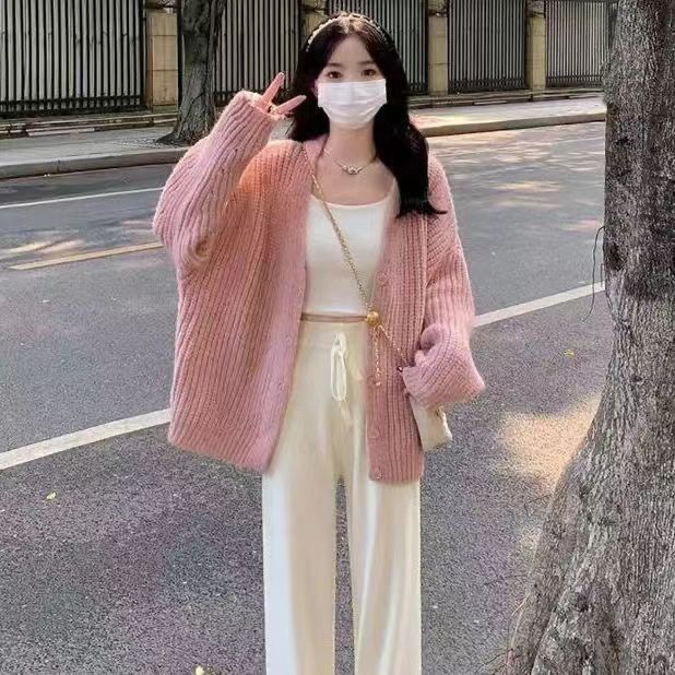 溫柔甜美學院風軟糯粉色毛衣女學生秋冬季慵懶風寬鬆外穿針織開衫