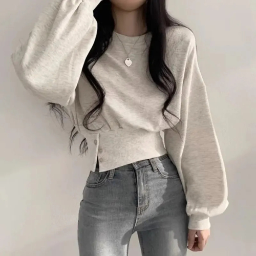 Polyester fish scale Korean autumn niche design round neck buttoned long sleeve short pullover sweatshirt top for women