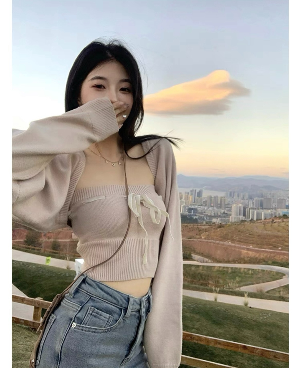 韓國張元英裴智秀同款設計感軟妹甜美披肩抹胸軟糯毛絨針織兩件套