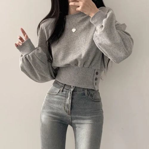 Korean chic autumn niche design round neck buttoned waist slimming long sleeve short pullover sweatshirt for women