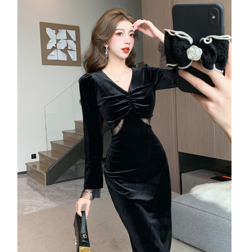  new autumn French v-neck ladylike temperament lace splicing velvet long-sleeved sexy hip-covering dress for women