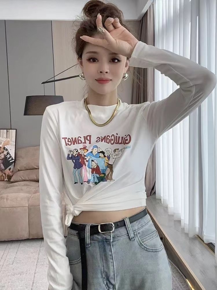 韓版寬鬆卡通印花圓領長袖T恤女2023春秋新款減齡百搭打底衫上衣
