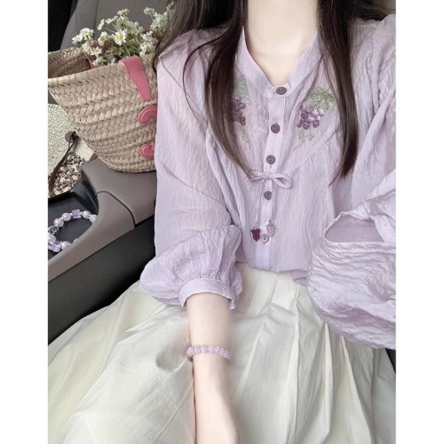Purple puff sleeve chiffon shirt for women autumn  new embroidered lace design niche three-quarter sleeve top