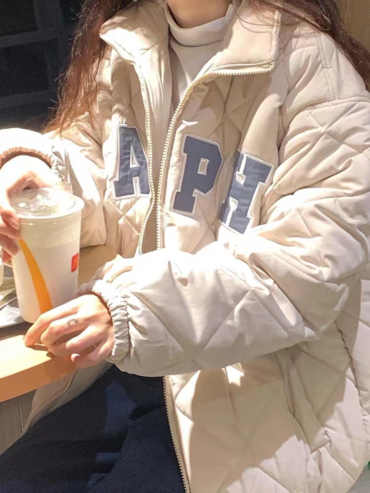 College style letter embroidered rhombus cotton jacket for female students winter new style warm and thickened stand-up collar cotton jacket