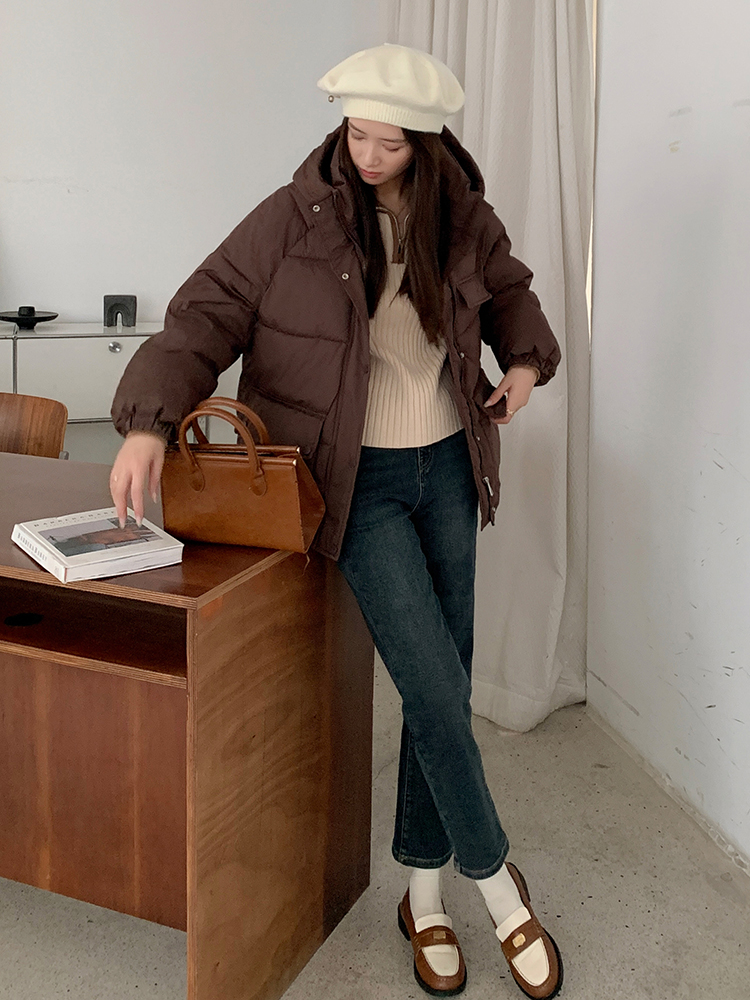 實拍23冬季新款連帽羽絨棉服女短款寬鬆學院風麵包服加厚棉衣外套
