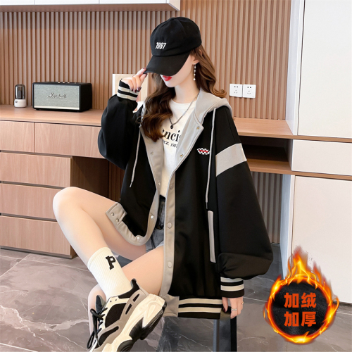 First real shot of Chinese cotton composite shell velvet Korean version loose large size splicing jacket hooded plus velvet sweatshirt for women