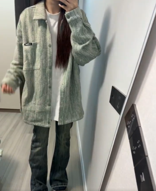 美式復古水洗綠色牛仔外套女秋冬新款寬鬆百搭學生情侶夾克上衣潮