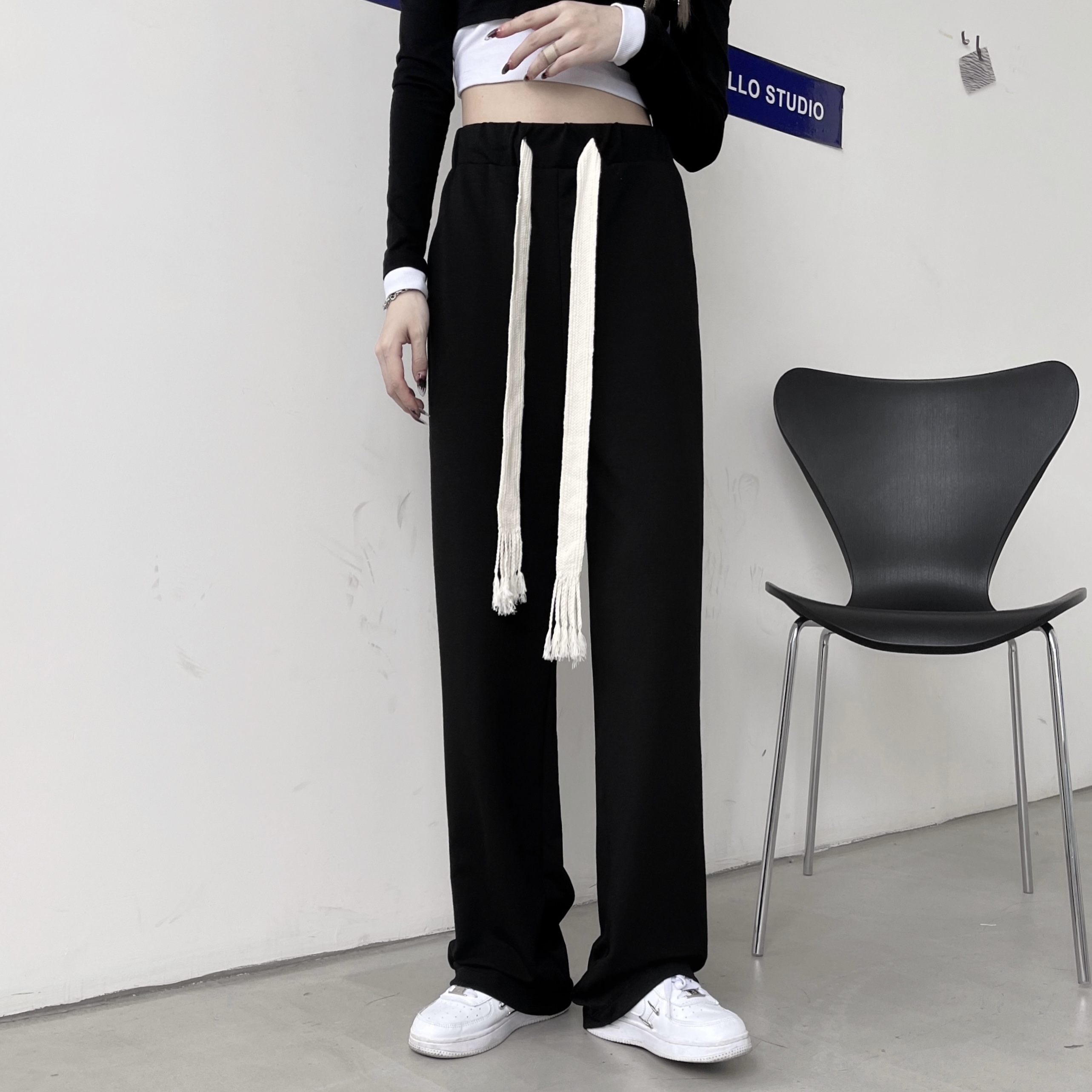 模特實拍#垂感拖地褲女直筒休閒長褲寬鬆高腰顯瘦bf闊腿褲