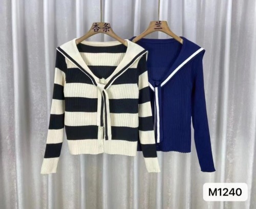 Designed navy collar striped sweater for women  new autumn fashion temperament versatile casual long-sleeved sweater