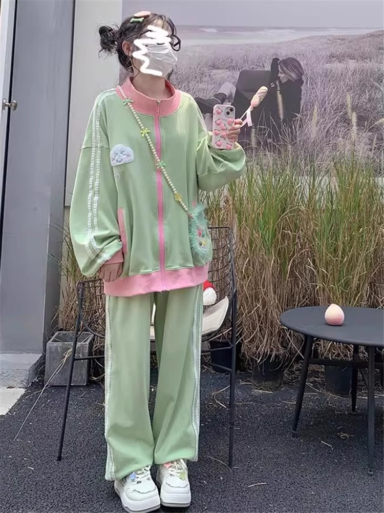 學院風運動服套裝女秋季甜美寬鬆減齡綠色衛衣時尚兩件套小個子潮