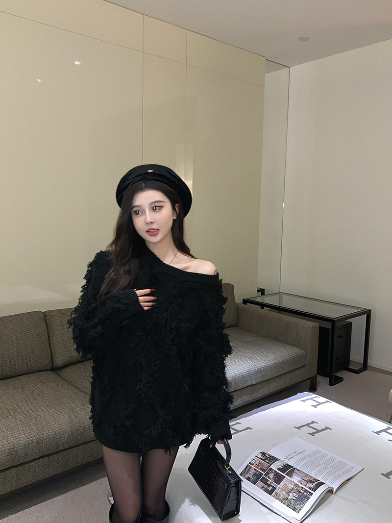 實拍 秋冬設計感圓領流蘇純色套頭毛衣百搭寬鬆外穿上衣女