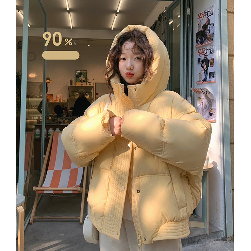 張貝貝ibell連帽短款氣質羽絨棉服女寬鬆顯瘦連帽麵包服外套女