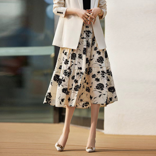 Three-dimensional tailoring ~ high-end women's floral A-line slimming artistic printed mid-length umbrella skirt skirt for spring