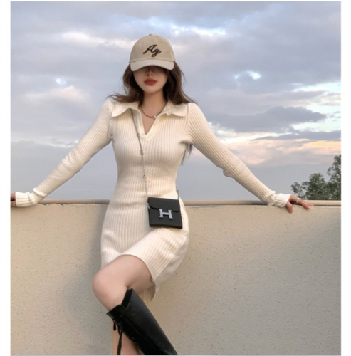 2023 autumn and winter hot girl polo collar knitted dress women's bottoming waist tight slimming hip-hugging sweater skirt