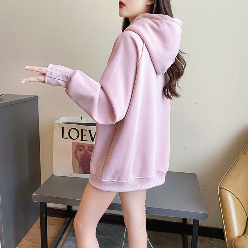 Real shot of Chinese cotton composite true super plus velvet thickening 400g sweatshirt women's hooded embroidered thermal top plus size women's clothing