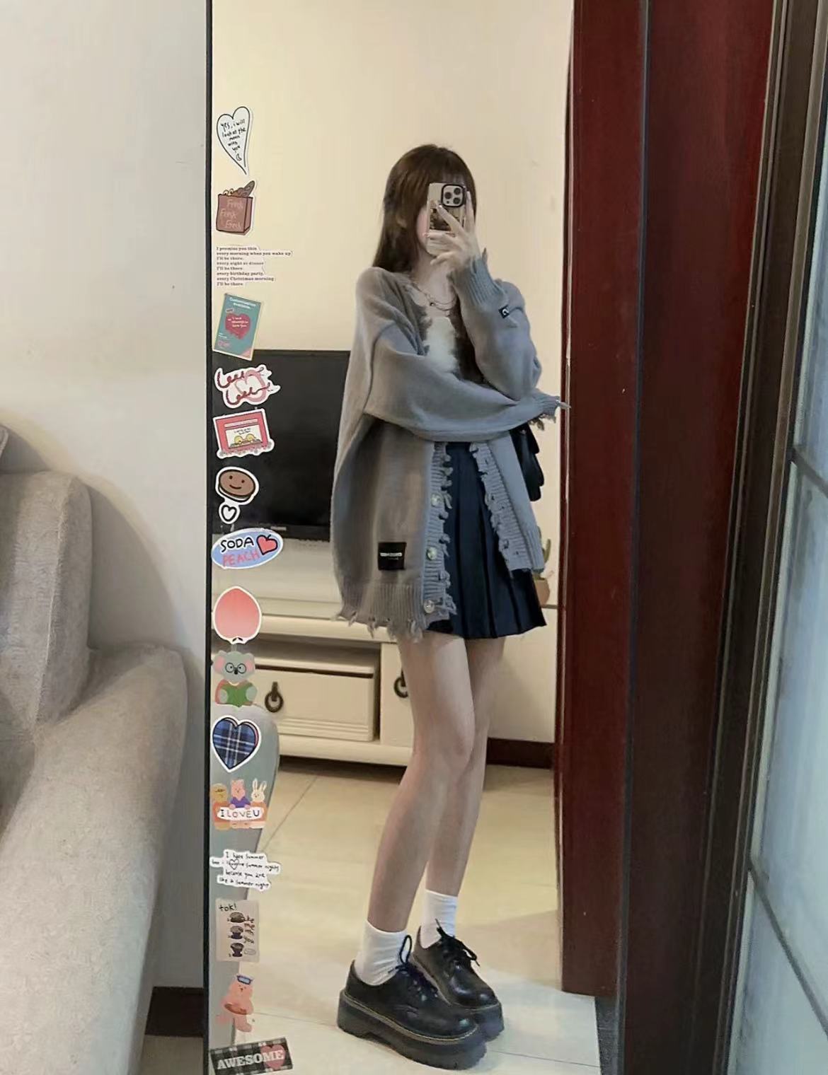 灰色毛衣外套短裙子套裝女秋季新款小個子茶系穿搭慵懶風兩件套裝