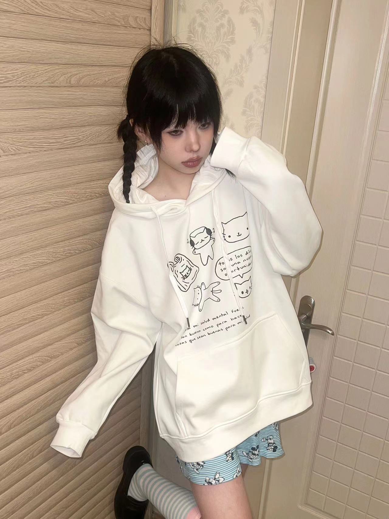 CVC cotton pasta wool Chinese cotton composite/milk silk 300g silver fox velvet 400g front printed hooded sweatshirt for women