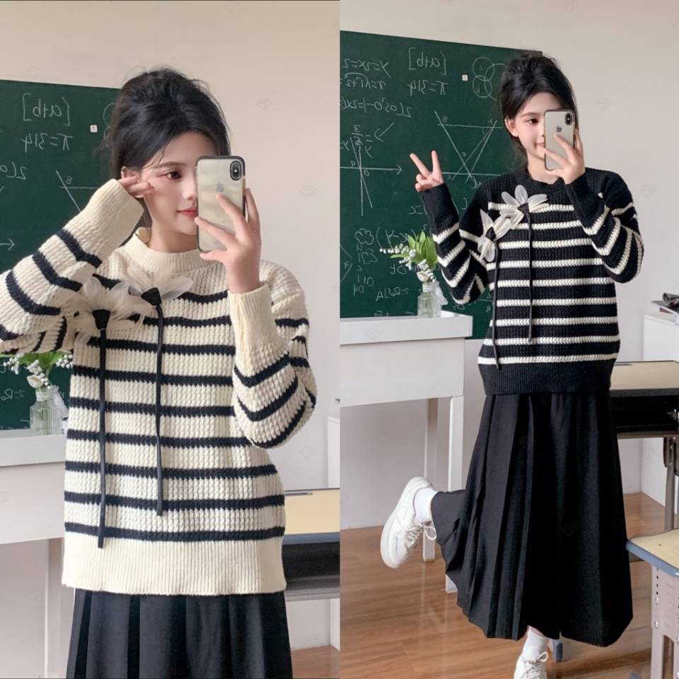 秋冬條紋撞色圓領毛衣女手工縫製立體花韓版寬鬆學生針織衫上衣潮