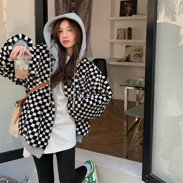 秋冬厚款棋盤格連帽外穿外套女百搭韓版加絨加厚保暖ins夾克