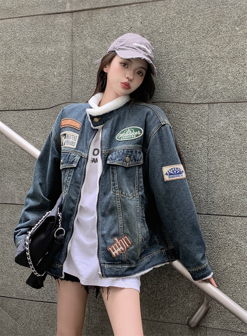 實拍~韓版百搭機車牛仔加絨外套女冬季2023新款加厚夾克棉服