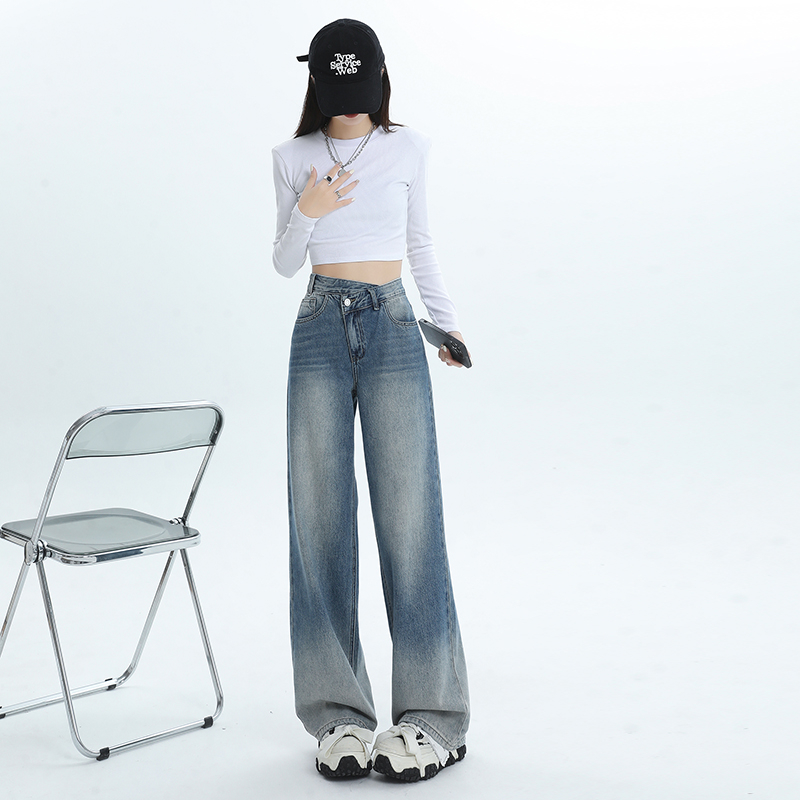 實拍2023秋季時尚美式設計感復古牛仔褲女新款寬鬆顯瘦