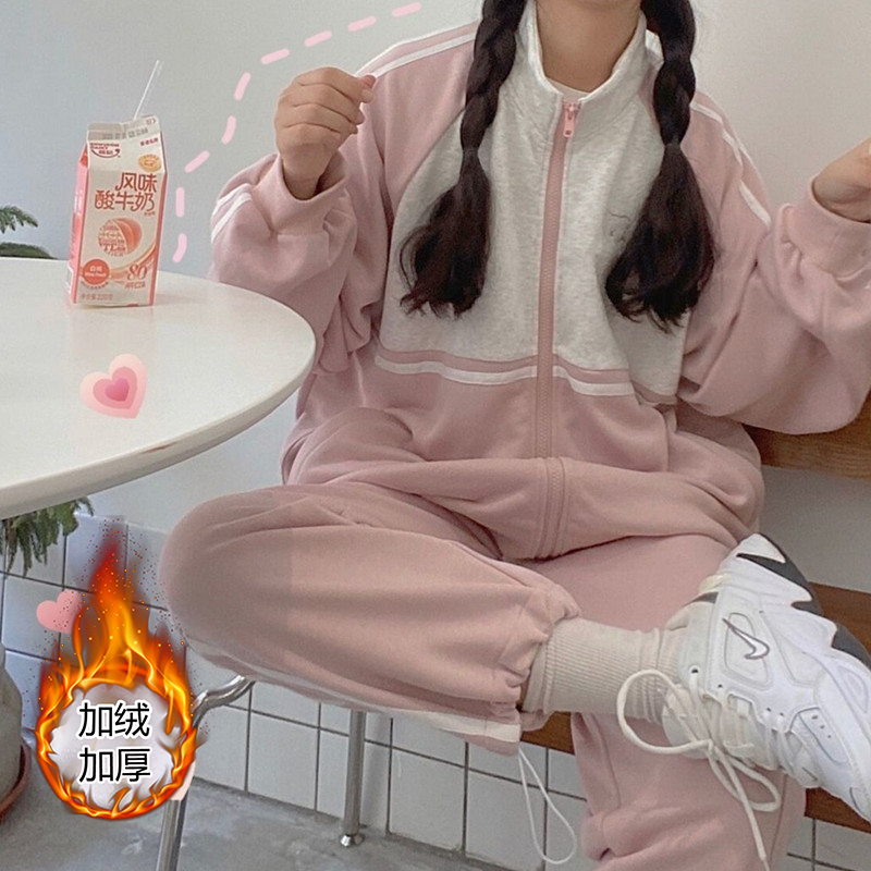 加絨加厚#日系少女學院風甜美休閒運動套裝女上衣秋冬季寬鬆學生